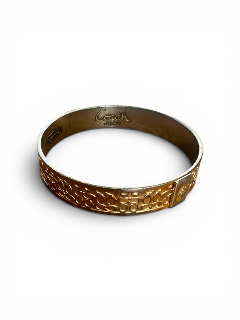 Coach Gold Tone Signature Logo Hinged Bangle Bracelet w Dust Bag Box - Picture 3 of 4
